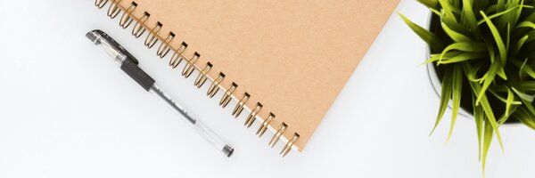 Black pen, tan spiral notebook, succulent