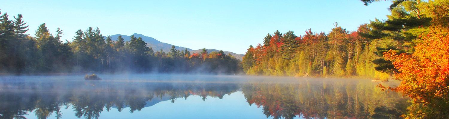 Vermont fall foliage, lake, fog