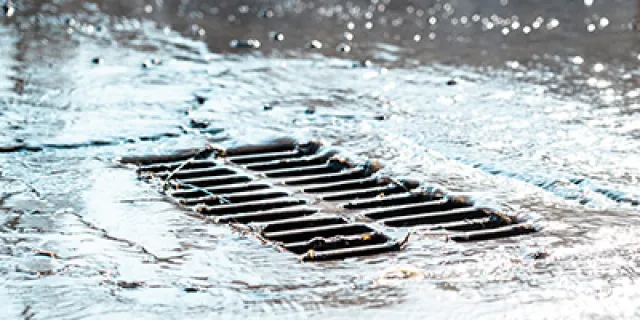 water on pavement going into grate, drain